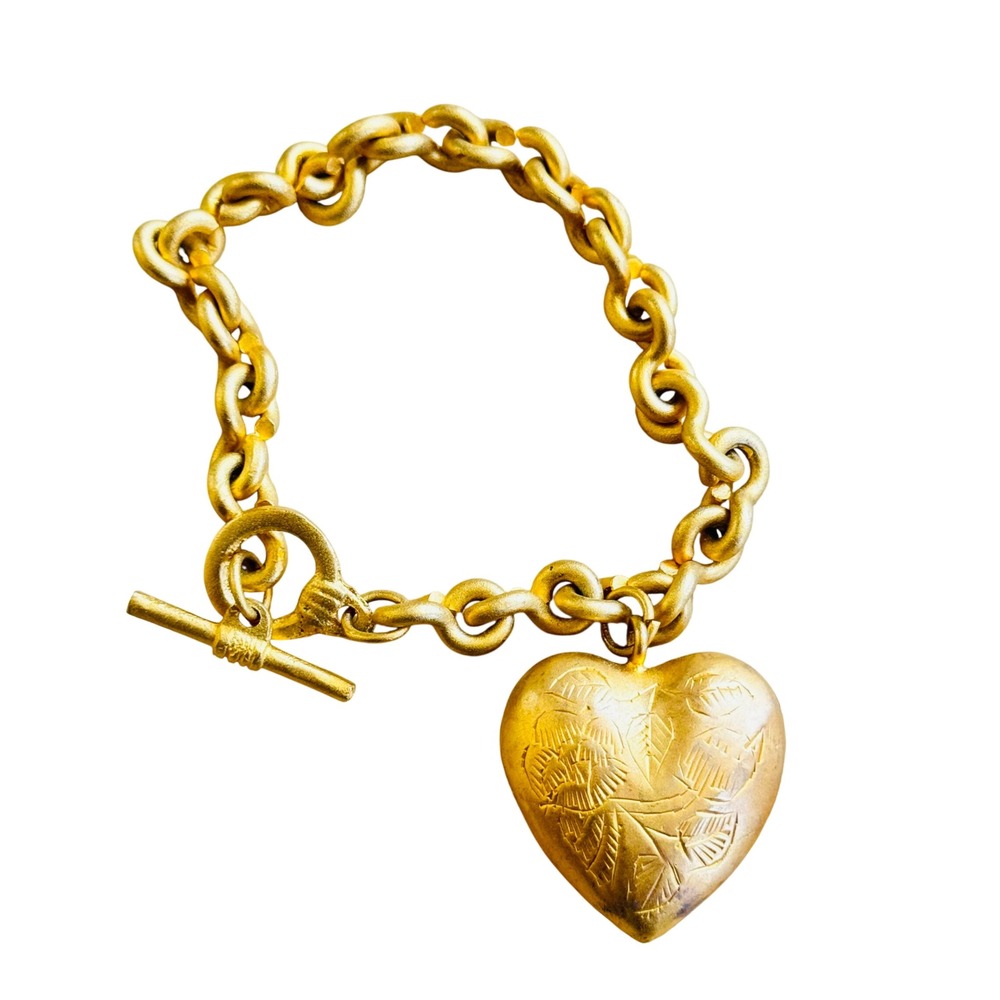 VTG Heart‎ Charm Bracelet 24k Gold Plated Bold Statement Dangle Chunky Regal 8"